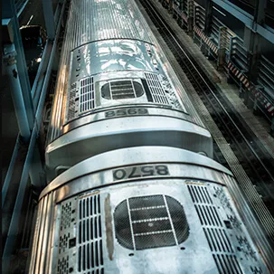 Overhead photograph of train cars, by Joe Navas