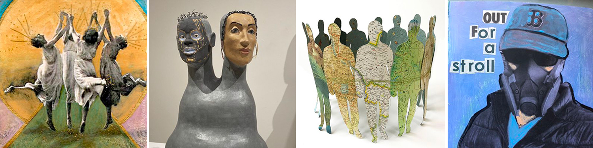 Examples of artwork in the Shoulder to Shoulder exhibit