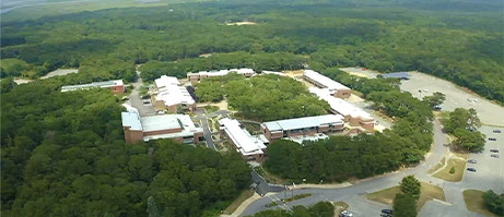 drone shot of campus