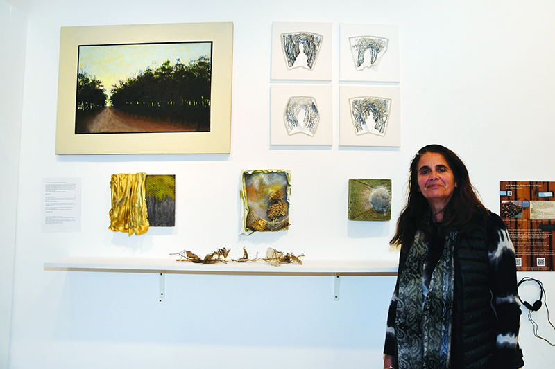 Higgins Art Gallery Director Nathalie Ferrier standing in front of an exhibit